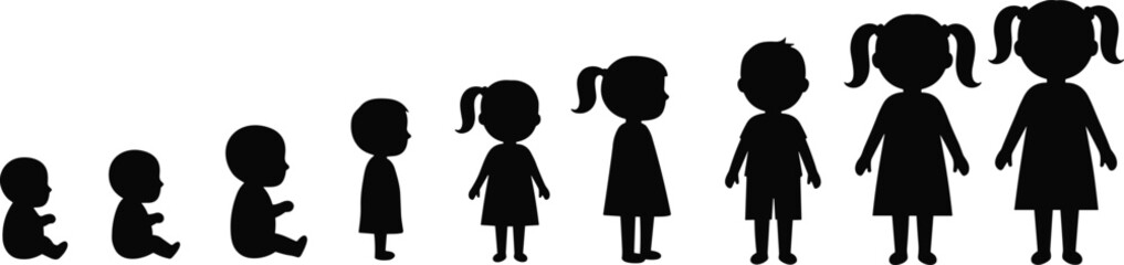 Silhouette, growth, stages, baby, toddler, child, girl, development, aging, human, profile, cartoon, black, outline, figure, sitting, crawling, standing, walking, illustration