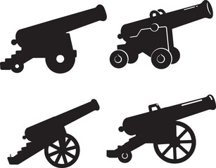 Collection of four historical cannon silhouettes in black and white silhouette