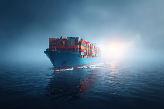 Huge container ship transports colorful cargo across vast misty ocean.