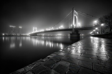 Dramatic black and white cityscape: foggy bridge reflects on water at night.