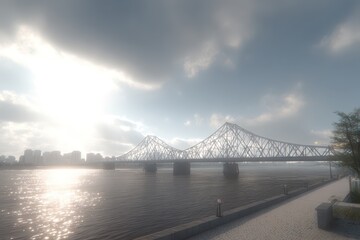 Grand steel truss bridge crossing a sun-drenched river with city vista.