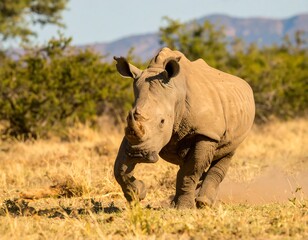 Fototapeta premium Rhino charging through dry savanna