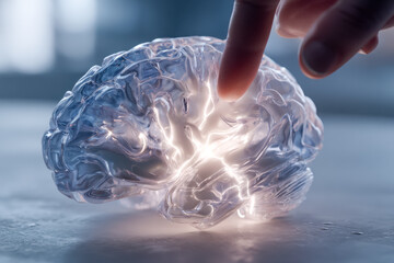 Interactive science experiment demonstrating electrical conductivity in a glass-like brain model