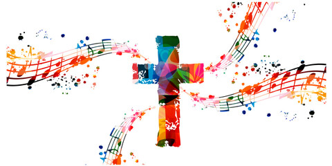 Creative music style template vector illustration, colorful cross with music staff and notes background. Religion themed design for gospel church music and concert, choir singing, Christianity, prayer