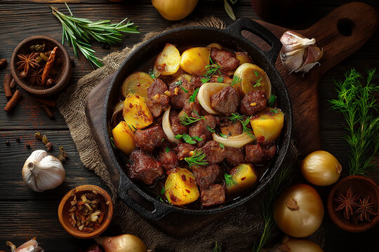 Georgian ojakhuri with roasted meat, potatoes and onions, served in rustic cast iron skillet, surrounded by spices and herbs