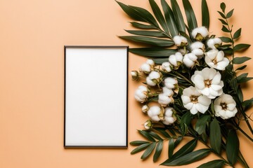Blank Frame Mockup with Cotton and Greenery on Beige