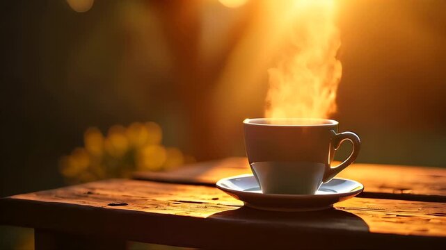Coffee cup with steam rising out of it on a wooden table