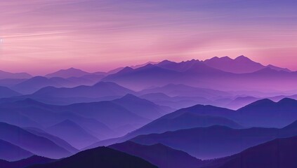 Fototapeta premium Panoramic view of a vast mountain range at dawn or dusk, showcasing a gradient of purple and blue hues across numerous layers of peaks and valleys, veiled in a soft mist or haze