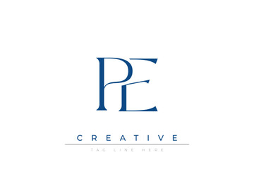 Blue stylized letters PE combined in a modern design on a clean white background, evoking professionalism and creativity. Ideal for branding, business identity, and corporate representation concepts.