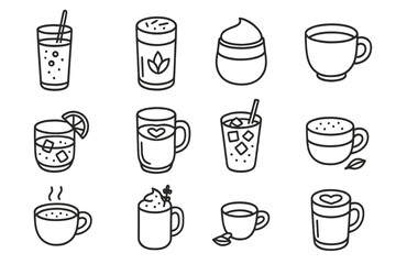 Specialty Coffee Icons. Line style icons of specialty coffee types: nitro cold brew, matcha latte, dalgona coffee, dirty chai;