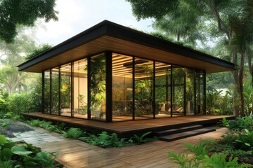 Modern Glass Greenhouse in Lush Tropical Garden