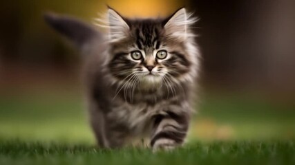 Cute kitten running outdoors