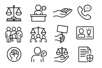 Advocacy Line Icons. Line style icons of advocacy and support: legal aid icon, help desk, support hand, hotline phone; advocacy