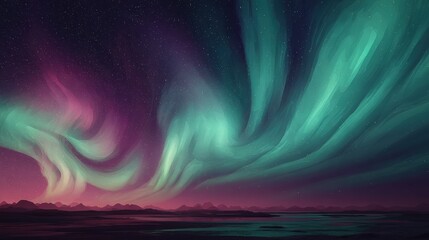 beautiful glowing aurora borealis in green and purple tones swirling across night sky with soft gradient background in creative light effect style ai generative