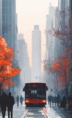Obraz premium A misty morning street scene with skyscrapers and a red bus