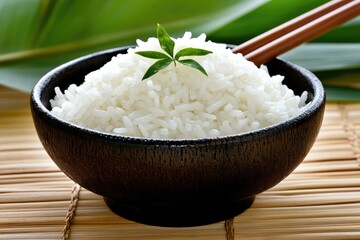 Bowl of Cooked White Rice with Chopsticks