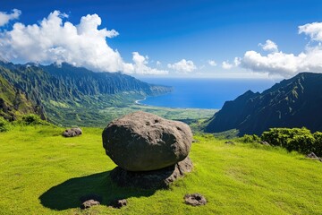 Scenic vista of a valley with a large rock formation.