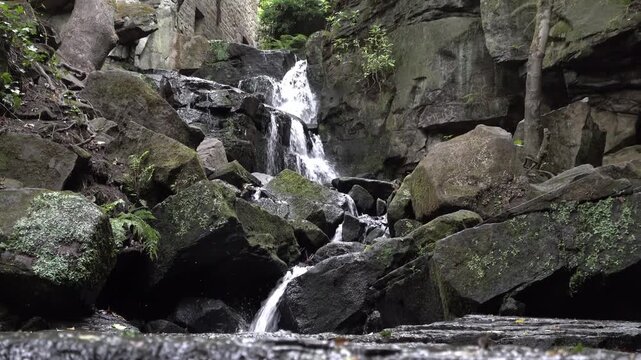 Zoom in and static shot of Lumsdale Waterfall, Matlock, United Kingdom.