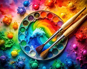 Fototapeta premium Vibrant Rainbow Palette with Paintbrushes Surrounded by Colorful Paint Splatters