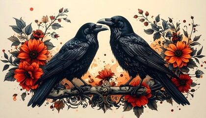 Two ravens in floral frame