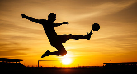 Silhouette of a football player mid-air performing a bicycle kick against a vibrant sunset sky over a stadium.
