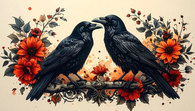 Two ravens in floral frame