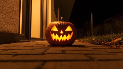 Glowing halloween pumpkin on cobblestone at night