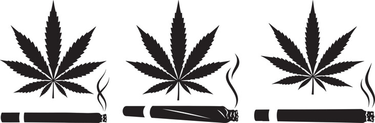 Three cannabis leaves and marijuana joints in a stark black silhouette