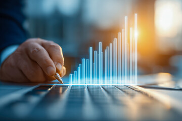 Businessman analyzing digital bar graph data projected above keyboard symbolizing growth and success in financial planning and technology integration