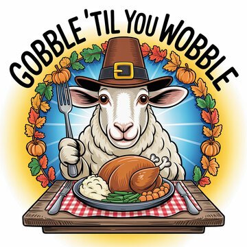Shaun the Sheep-style pilgrim sheep at feast, Thanksgiving -