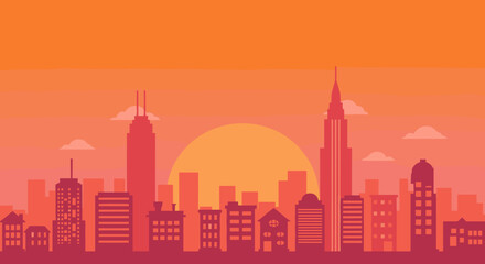Fototapeta premium Colorful Skyline Silhouette at Sunset With Stylized Buildings Under Warm Orange Sky Illustration