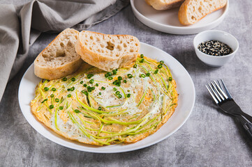 Protein omelette on zucchini noodles on a plate on the table
