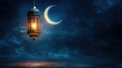 Obraz premium Lantern and crescent moon in starry night sky