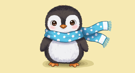 Obraz premium Cute Cartoon Penguin Wearing a Blue Polka Dot Scarf Isolated on Light Yellow Background