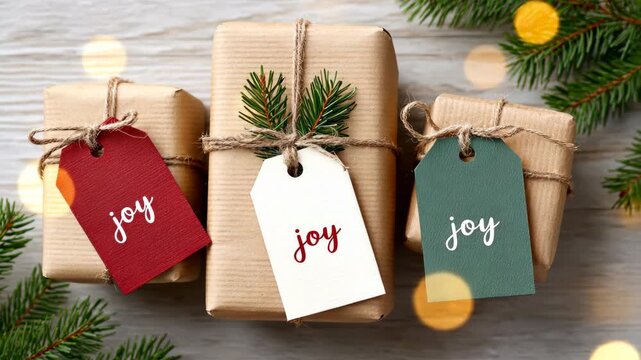 Christmas gift trio with cozy rustic charm and festive joy tags against pine background