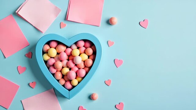 Colorful candy in heart-shaped box on blue background with hearts  