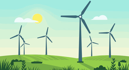Fototapeta premium Wind Turbines In A Green Field Under A Sunny Sky Representing Renewable Energy And Sustainable Power Generation