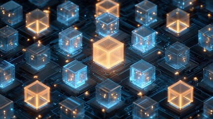 isometric arrangement of glowing digital cubes network circuit design and server architecture concept for data processing blockchain technology and cloud computing solutions