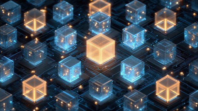 isometric arrangement of glowing digital cubes network circuit design and server architecture concept for data processing blockchain technology and cloud computing solutions