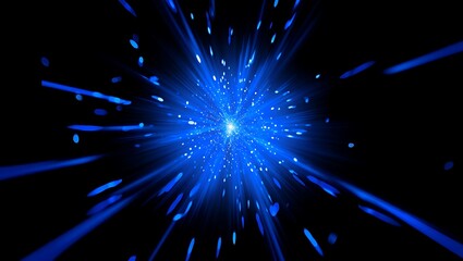 Abstract blue energy explosion bursting outwards from a bright central core into dark space