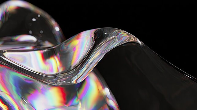 Abstract close-up of a translucent, sculpted form exhibiting iridescent rainbow sheen against a stark black background, showcasing its smooth curves and flowing lines