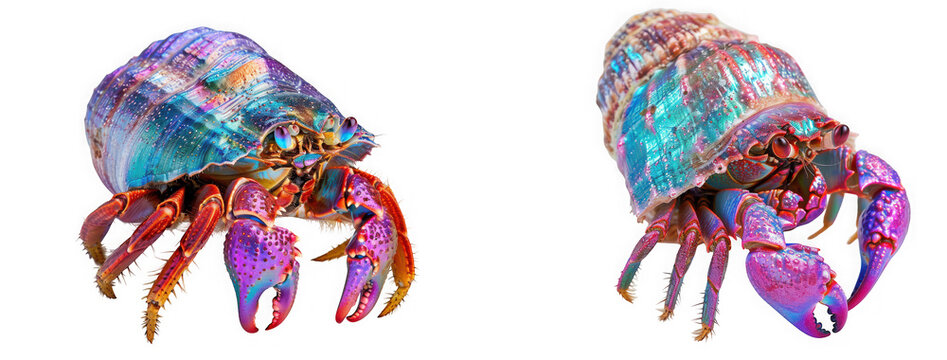 Two colorful hermit crabs isolated on transparent background, showcasing their vibrant shells and intricate details, creating a captivating image of marine life