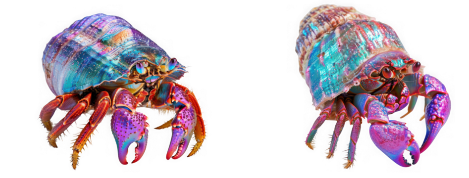Two colorful hermit crabs isolated on transparent background, showcasing their vibrant shells and intricate details, creating a captivating image of marine life