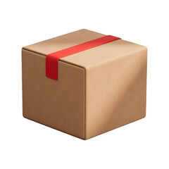Fototapeta premium A realistic 3D rendering of a cardboard shipping box with a red ribbon secured with tape isolated on a transparent background