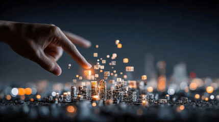 Digital cityscape with futuristic pixelated elements and hand interacting with holographic data visualizations