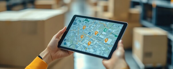Person Holding Device Displaying Map Application in a Modern Warehouse