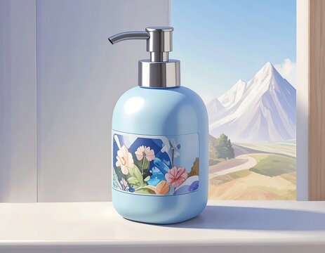 Light blue soap dispenser with floral design, idyllic landscape