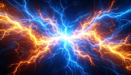 Vivid, abstract depiction of energy, with blue and orange bolts converging at a central, luminous point. The effect is dynamic and powerful