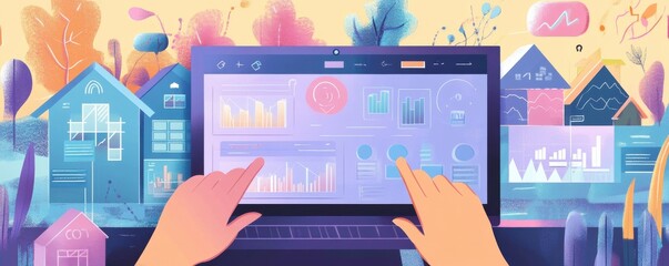 Hands using a digital system with data graphics and homes in the background