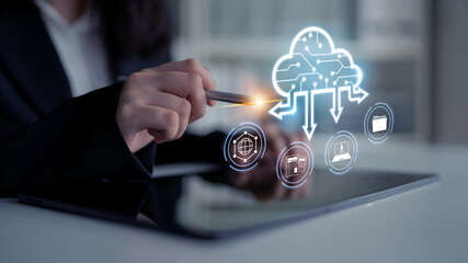 Naklejka premium Cloud computing enables digital growth with secure data storage, scalable infrastructure, and strategic cloud-based business solutions. Latch